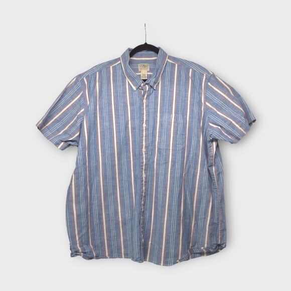 Mens L.L. Bean Blue Striped Button Down Short Sleeve Shirt Size XXL - Picture 2 of 7